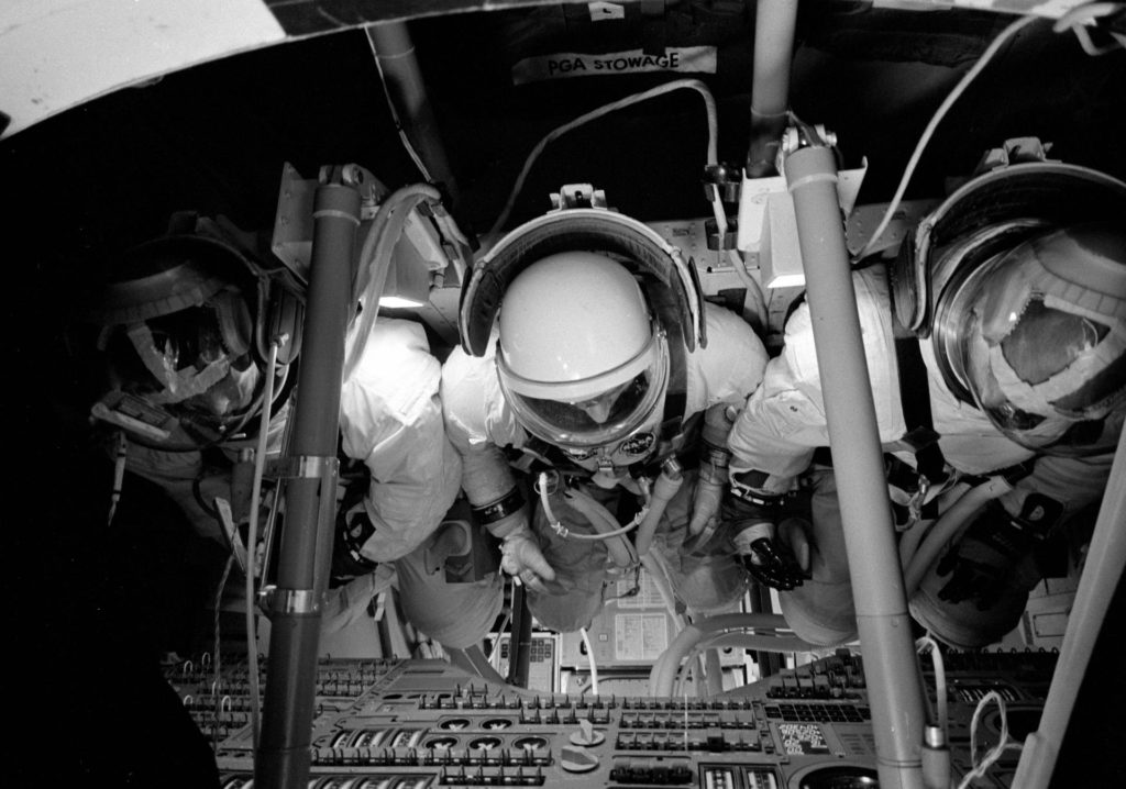 apollo simulator Three astronauts inside the Command Module Simulator in Building 5 during an Apollo Simulation.